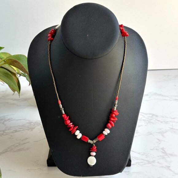 Red Glass & Mother Of Pearl Beaded Necklace With Pendant 16" Handmade Boho Style - Picture 1 of 7